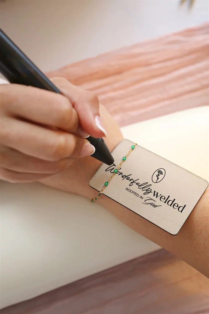 Tattooing delicate bracelet design on wrist.